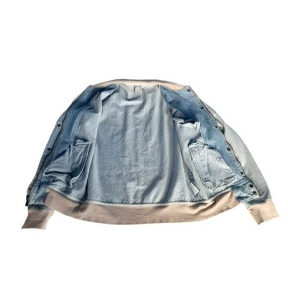 Nike Women's Sz M Destroyer Denim Bomber Jacket Light Blue W/ Contrast Tan Trim - Picture 12 of 13